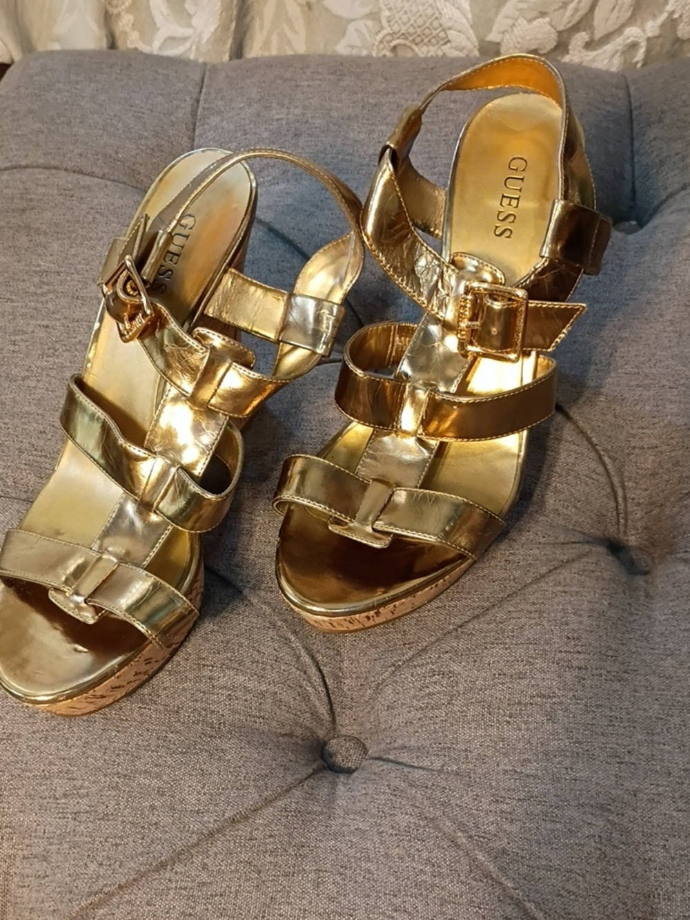 GUESS Gold Metallic Strappy Wedge Sandals